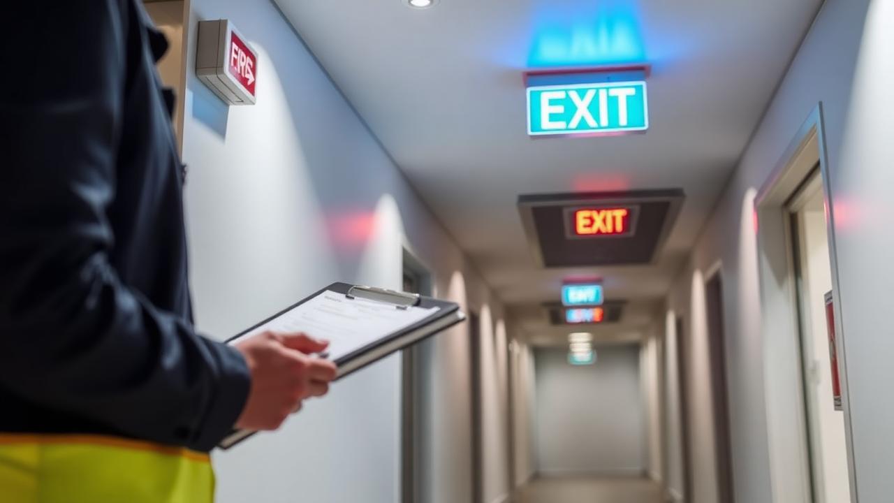 Fire safety inspector examining emergency exit signs in a commercial building